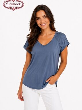 H.I.P. Blue Studded Shoulder Viscose Top USA Made Soft Stretch V-Neck Tee M